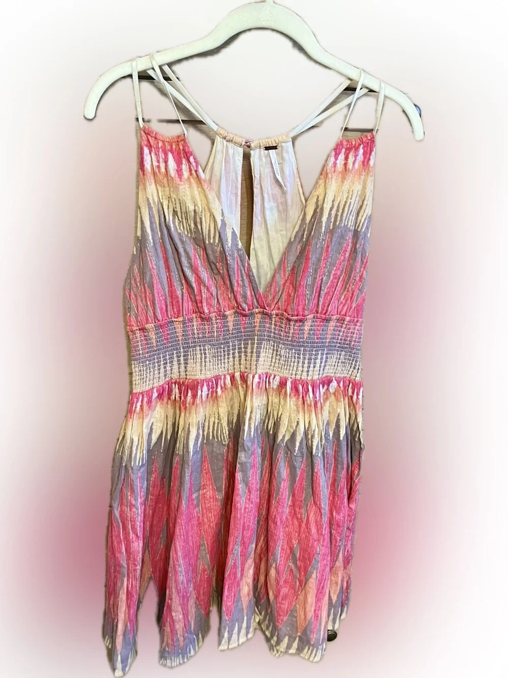 Free People Multicolor Pink Cream Gray Smocked V-Neck Mini Dress